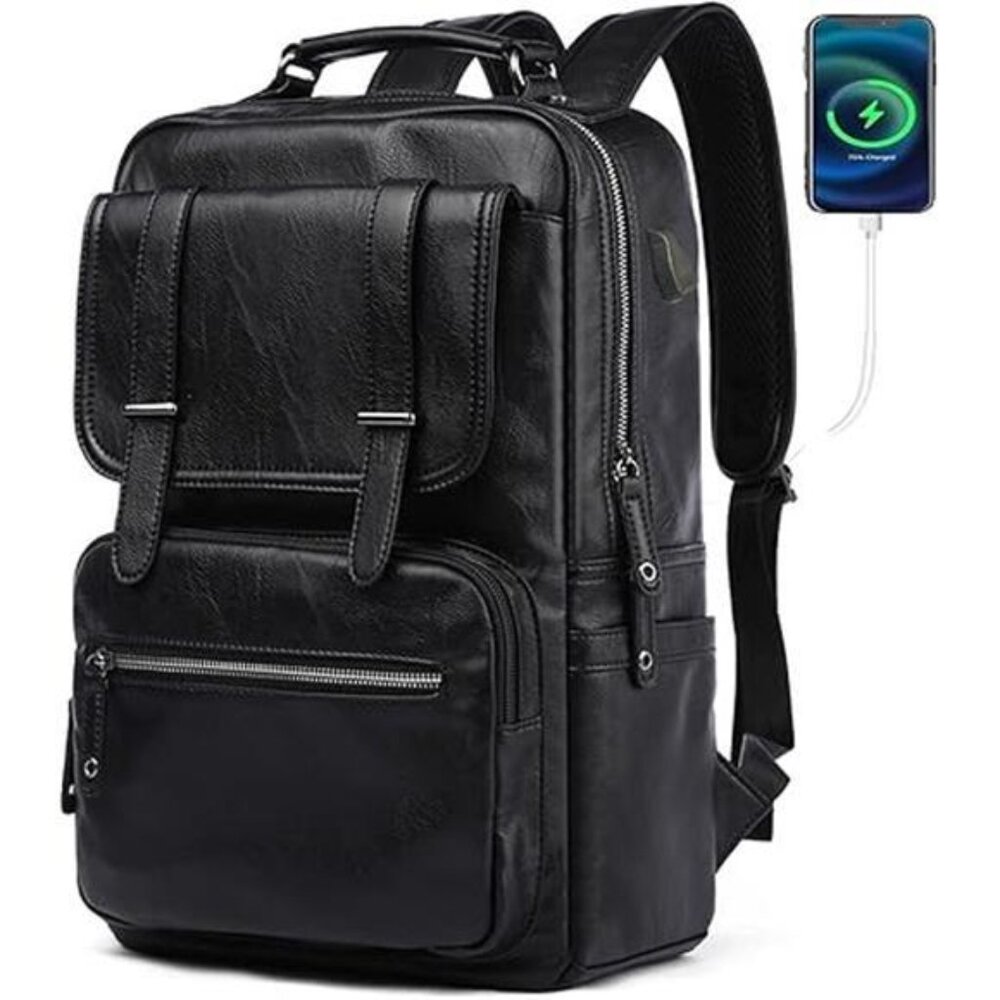 Black Leather Backpack with USB Charging Port - Picture 7 of 7